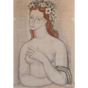 René Buthaud, Original Drawing, Woman With A Crown Of Flowers