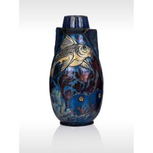Jean Barol, Vase With Carp And Marine Flora, Art Deco Ceramic