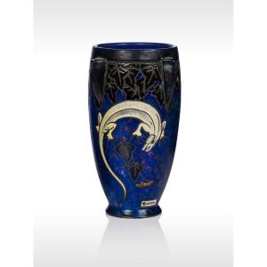 Jean Barol, Vase With Lizard And Ivy, Art Deco Ceramic