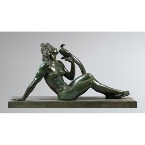 Lucien Alliot, The Woman And The Bird, Art Deco Bronze