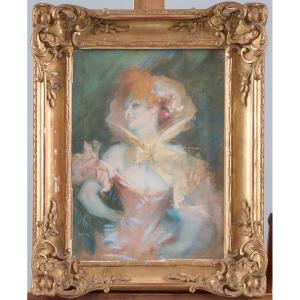 Jules Chéret, Elegant Woman With A Hat, Signed Pastel Painting