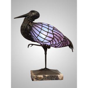 Muller Lunéville & Chapelle Nancy, Stork Lamp, Wrought Iron And Blown Glass, Art Deco