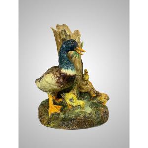 Delphin Massier, Duck And Ducklings, Polychrome Ceramic Slipware
