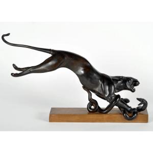 Maurice Prost, "panther Attacking A Snake" Bronze Art Deco