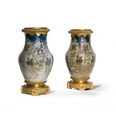 Auguste Delaherche, Pair Of Baluster Vases - Ceramic And Gilt Bronze - Signed