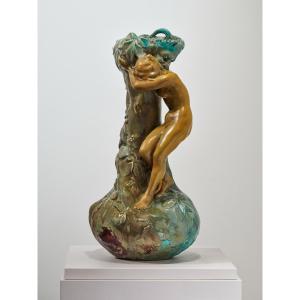 Ernest Bussiere, Long Neck Vase - Polychrome Ceramic. Signed Bussière - Art Nouveau