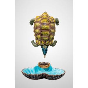Majolica - Sarreguemines, Turtle Making Reservoir And Its Basin. Signed. Art Nouveau. Majolica Fountain