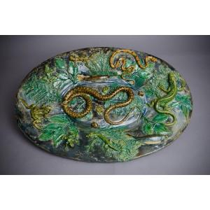 Alfred Renoleau, Large Oval Dish With Snakes And Eel - Art Nouveau Palissyste Ceramic - Majolica.