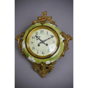 Small Clock In The Style Of Hector Guimard, Art Nouveau Ceramic And Bronze