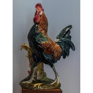 Paul Comolera, Rooster In Slip Making Flower Girl, Majolica Barbotine Ceramic