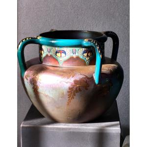 Large Potiche With Iridescent And Cloisonne Decors Signed "montières"