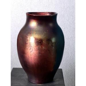 Massier Vase Signed Golf Juan In Glossy Ceramic With Iridescent Decor Of Seahorses And Plants