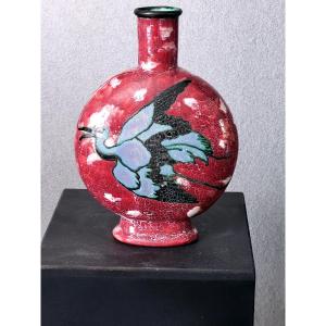 Gourd Shaped Vase In Cracked Enamelled Sandstone Signed Marius Fourmont