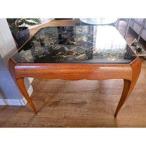 Living Room Table In White Walnut, églomisé Glass Top