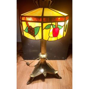 Large Stained Glass Lamp - Solid Bronze From The 1930s