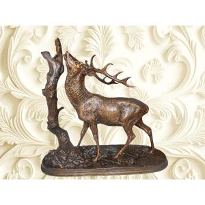 Sculpture Bronze, Cerf à La Branche Signée En Creux P.jules Mêne Du XIXeme
