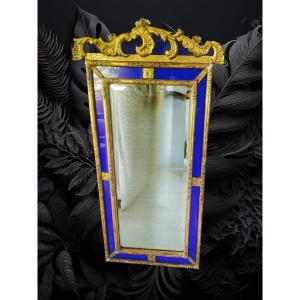 18th Century Venetian Mirror In Gilded Wood, Cobalt Blue Glass Surround