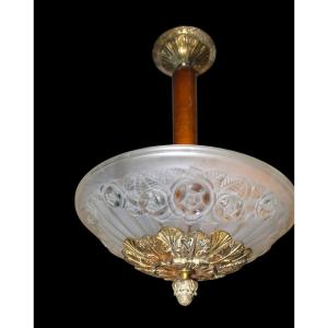 Ceiling Light In Molded Pressed Glass With Rose Decoration Signed "degué - XXth