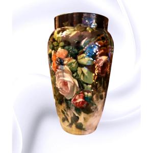 Decorative Vase With Roses, Montigny-sur-loing - 20th Century