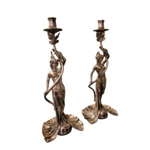 Pair Of Silvered Bronze Candlesticks, Art Nouveau - 20th Century