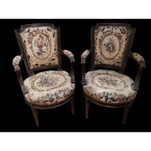 Pair Of Louis XI Period Armchairs, Aubusson Tapestry