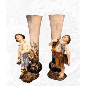 Pair Of Figurative Porcelain Vases From Montigny-sur-loing, 19th Century 