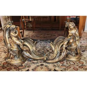 Pair Of Bronze Andirons With Putti In The Louis XV Style - 19th Century