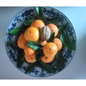 Trompe l'Oeil Plate, Mandarin Decoration, Signed Christine Viennet - 20th Century