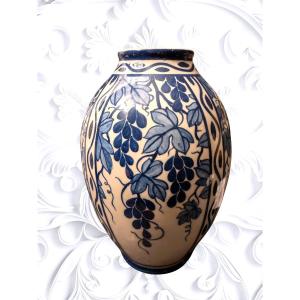 Stoneware Vase Signed Keramis Boch La Louviere, 20th Century Vine Leaves Decor