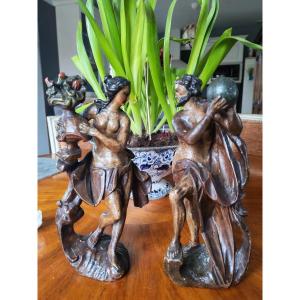 Decorative Pendant Of An Allegorical Figure In Carved Wood With Polychrome Patina, Neoclassical Style - 18th Century