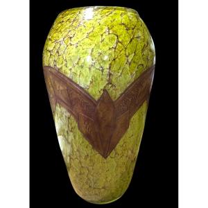Marbled Glass Vase With Acid-etched Frieze, Art Deco, 1910