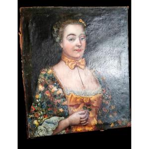 Oil Painting On Canvas, Portrait Of A Woman From The Provincial Bourgeoisie, 18th Century