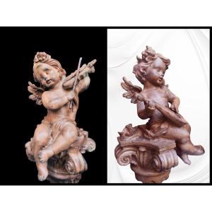 Paire De Chérubins Musiciens En Fonte XIXeme