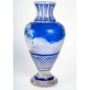 Large Blue And White Overlay Vase Attributed To "baccarat" Or St Louis 1870