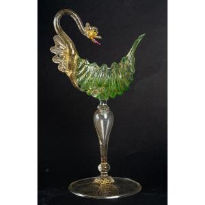 Green Gooseneck Chalice "salviati 1885" Venice (murano)