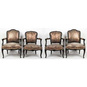Two Pairs Of 20th Century Louis XV Style Crocodile-style Black Lacquered Armchairs