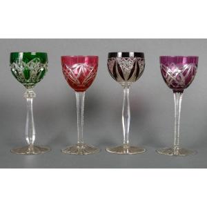 Four Rhine Wine Glasses Overlay "st Louis And Baccarat" 19th Century