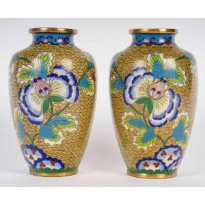 Pair Of Small Cloisonné Vases With Pansies  