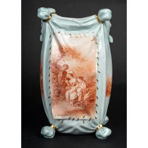 Kerchief Vase "pouyat" 1880 Celadon In Camaieu De Sanguine 
