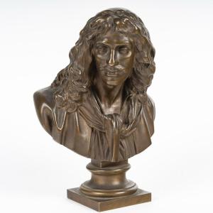 Barbedienne: Bronze Bust Representing "molière" 19th Century