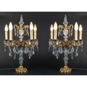 Pair Of Five-light Girandoles (bronze And Crystal)