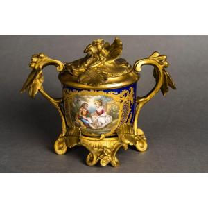 Covered Pot In Sèvres Blue Porcelain And Gilded Bronze, 19th Century