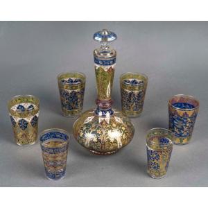   A Carafe And Six Enamelled Cups "fritz Heckert" 1890