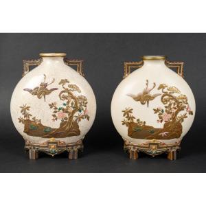 Pair Of "royal Worcester" Pink Flat Gourds 1874 (james Hadley)