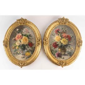 Pair Of Oil Paintings On Canvas "flowers In A Vase" By Pauline Caspers (1865-1946), France