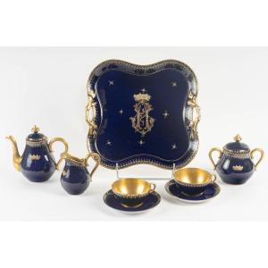Tête à Tête Bleu De Sèvres Et Or Enamelé à Couronne De Baron "tours" 19th Century France