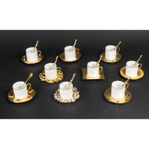 9 Cups And Saucers + Spoons "edouard Rambaud + Haviland And Parlon Limoges" Vintage