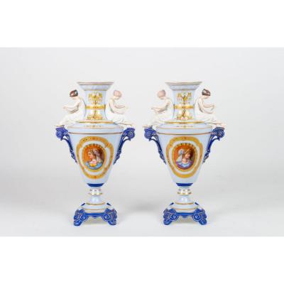 Pair Of Biscuit And Porcelain Vases "la Lecture"  Gibus 1870
