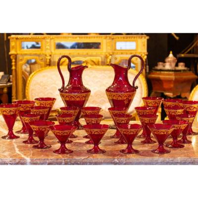 Red And Gold Venice (murano) Glass Service Circa 1900 (58 Pieces)