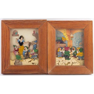2 Tableaux  Blanche Neige et les 7 Nains Louis Fittaluga 1946